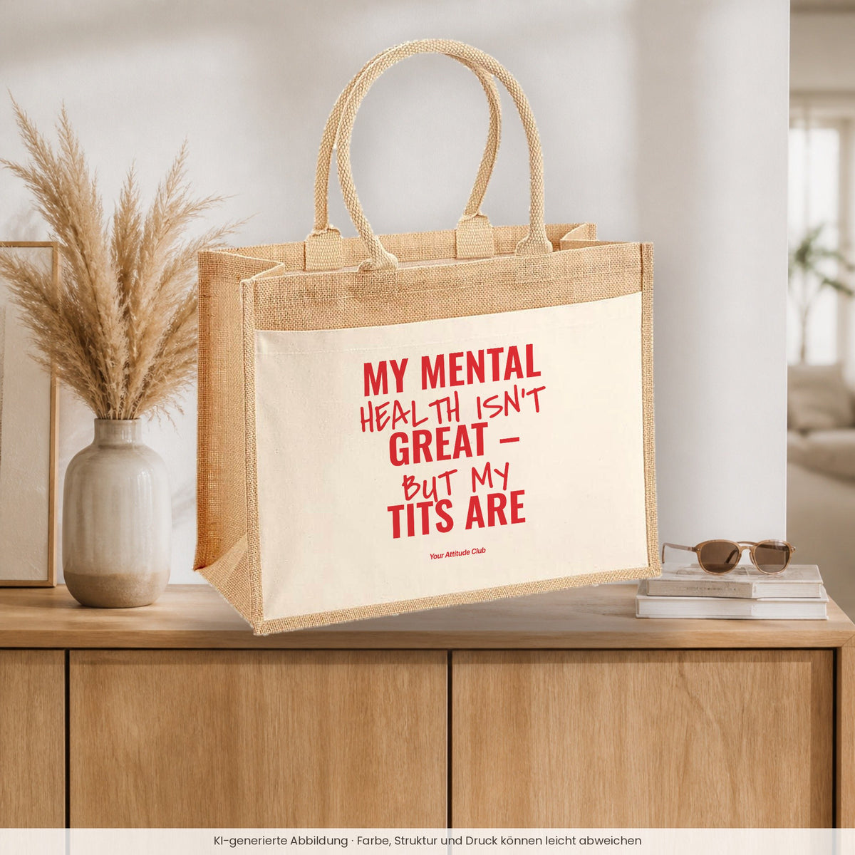 My Mental Health Isn’t Great – But My Tits Are – Jutetasche mit Spruch, auf dem Sideboard im Flur