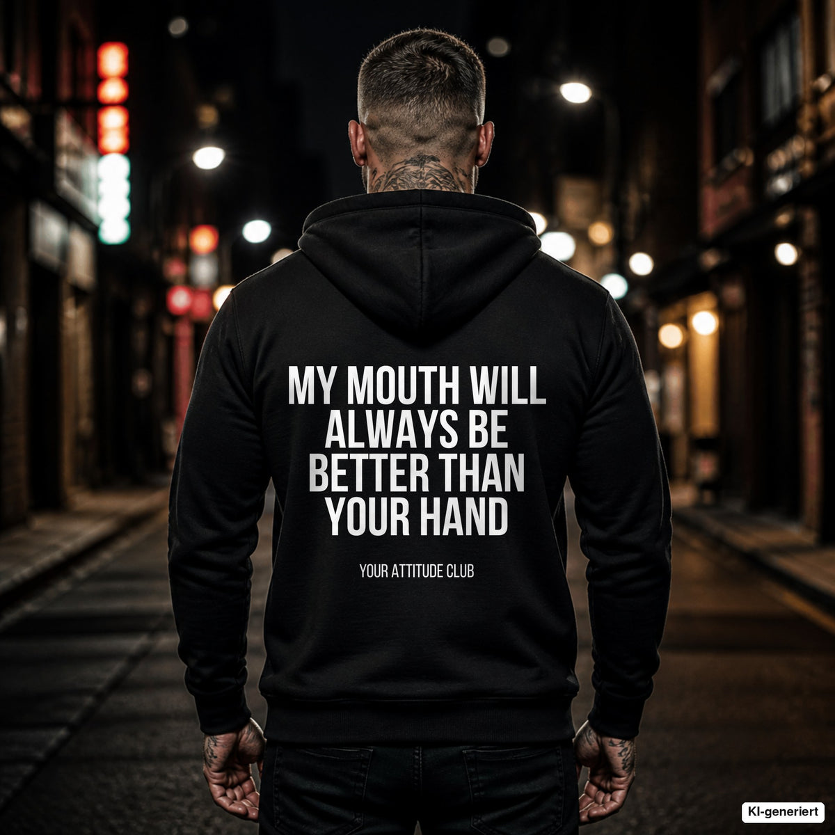 My mouth will always be better than your hand – schwarzer Hoodie mit weißem Backprint, Herren in der Stadt bei Nacht