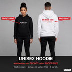My Mum Says I’m Special – Hoodie wahlweise mit Frontprint oder Backprint – Frau vorne in Schwarz, Mann hinten in Weiß