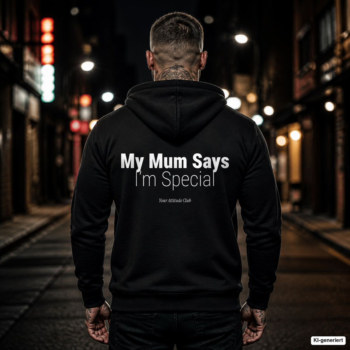 My Mum Says I’m Special – schwarzer Hoodie mit weißem Backprint, Herren in der Stadt bei Nacht
