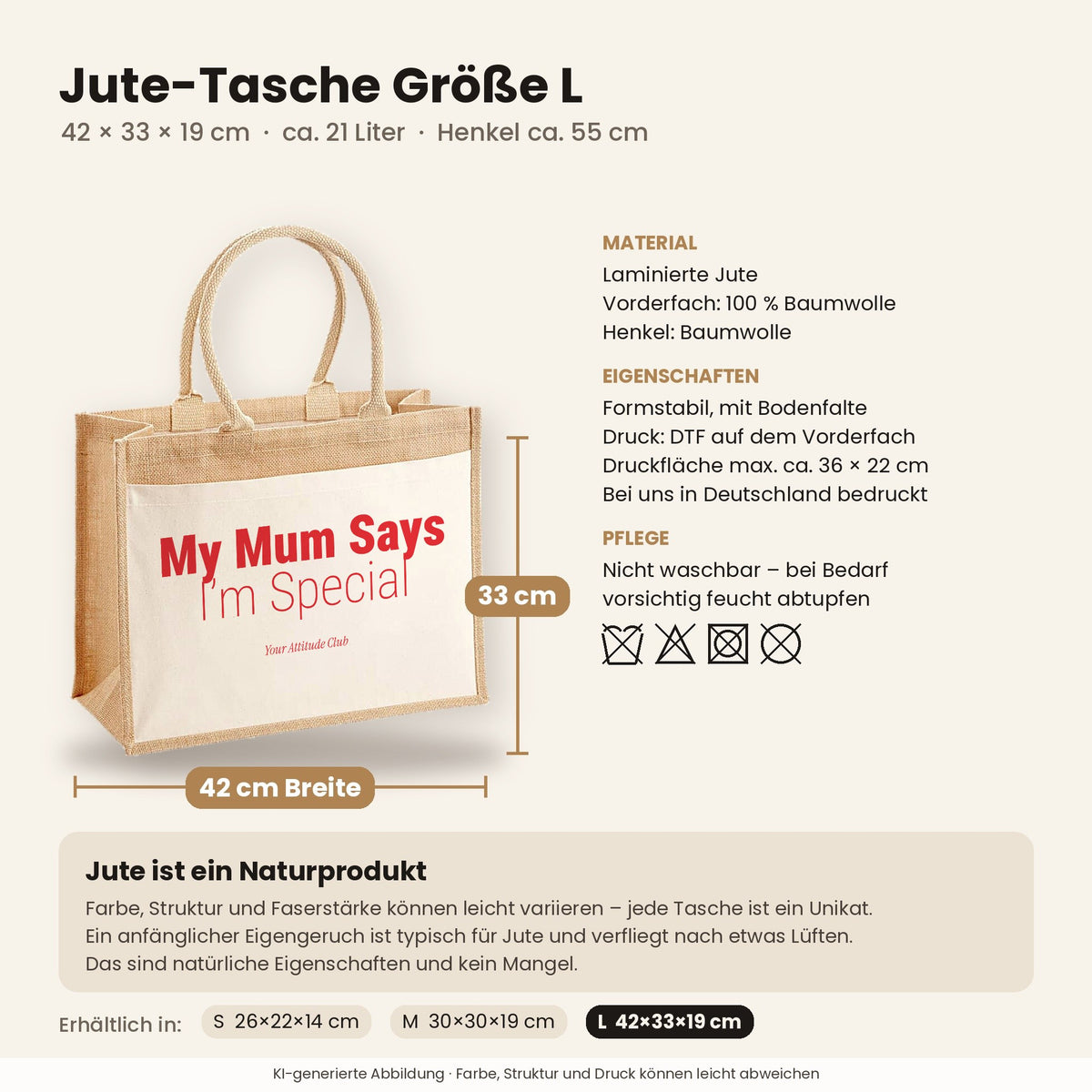 My Mum Says I’m Special – Jutetasche mit Spruch, Maße, Material und Pflege