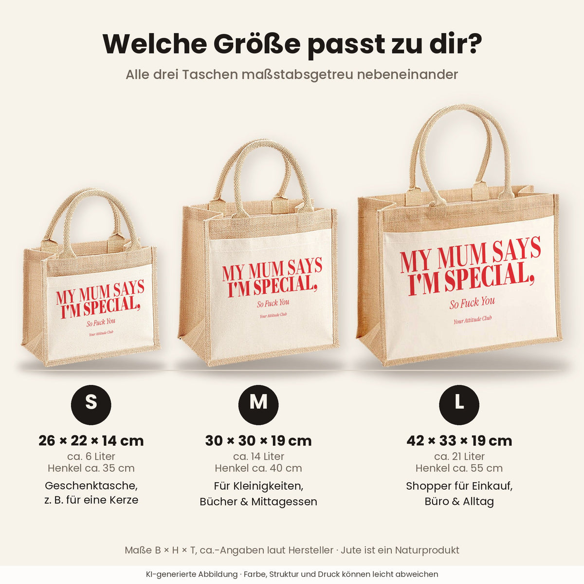 My Mum Says I'm Special, So Fuck You – Jutetasche mit Spruch, Größenvergleich klein, mittel, groß