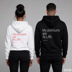 My pronouns are ALL-IN – Hoodie mit Backprint, Frau in Weiß mit rotem und Mann in Schwarz mit weißem Aufdruck