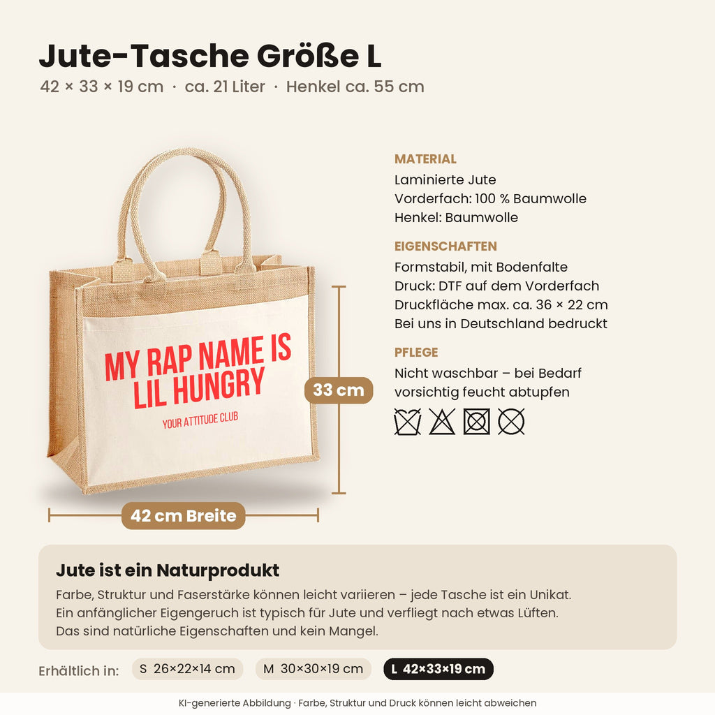 My rap name is Lil Hungry – Jutetasche mit Spruch, Maße, Material und Pflege