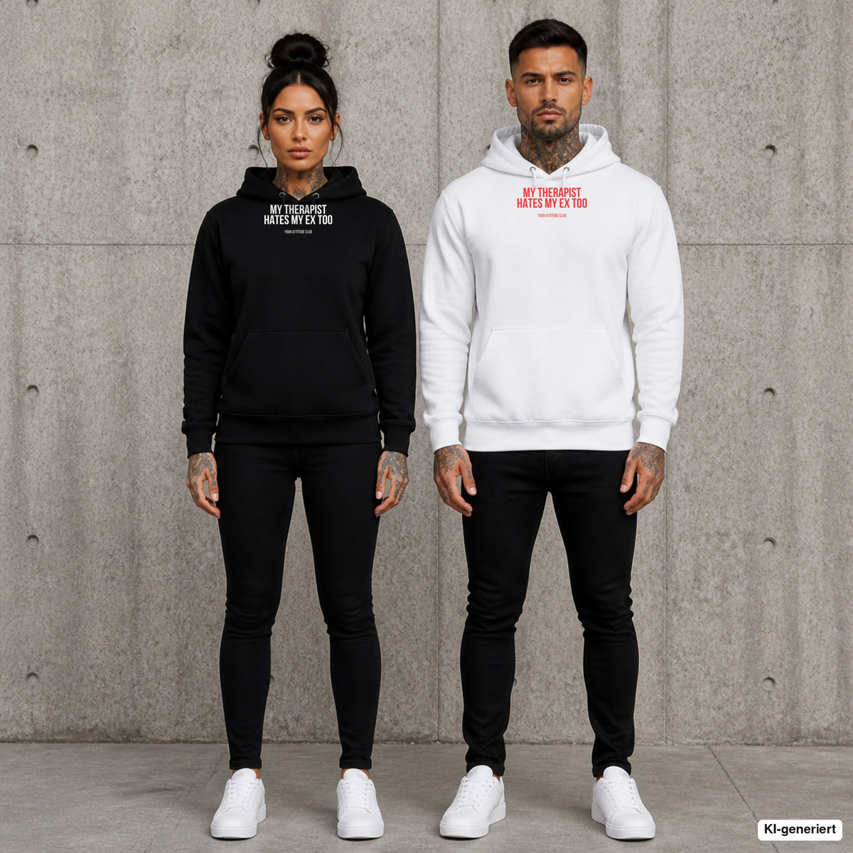 My therapist hates my ex too – Hoodie mit Frontprint, Frau in Schwarz und Mann in Weiß vor Betonwand