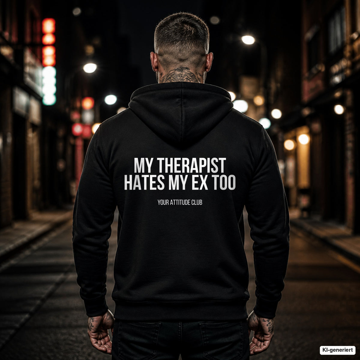 My therapist hates my ex too – schwarzer Hoodie mit weißem Backprint, Herren in der Stadt bei Nacht