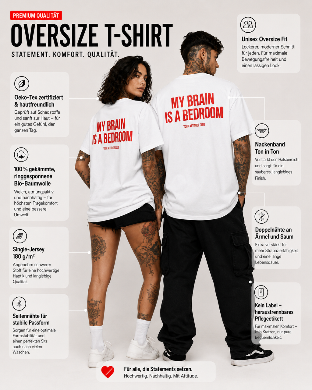 MY BRAIN IS A BEDROOM – Weißes Oversize Unisex Shirt mit rotem Backprint, lustiges Statement Shirt, Funny Tee, Sarkasmus, freches Geschenk