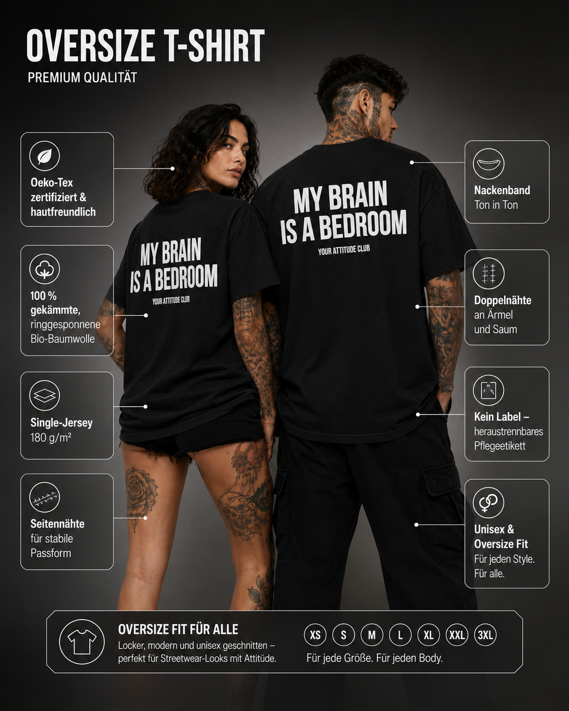 MY BRAIN IS A BEDROOM – Weißes Oversize Unisex Shirt mit rotem Backprint, lustiges Statement Shirt, Funny Tee, Sarkasmus, freches Geschenk