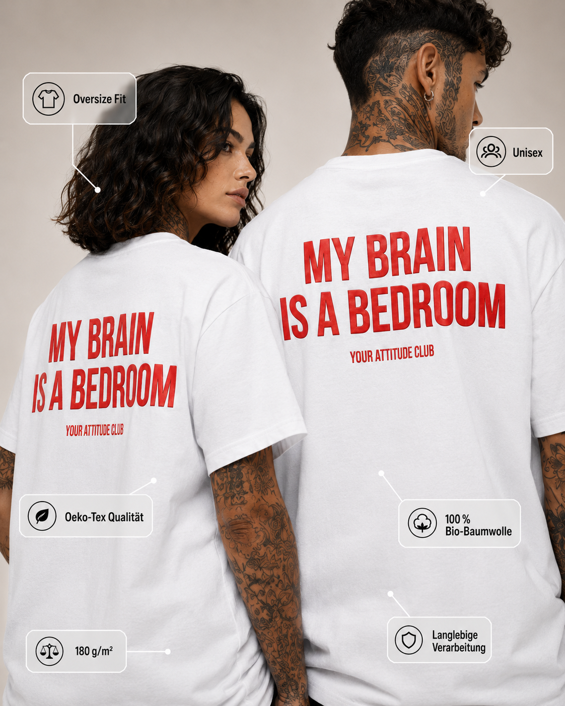 MY BRAIN IS A BEDROOM – Weißes Oversize Unisex Shirt mit rotem Backprint, lustiges Statement Shirt, Funny Tee, Sarkasmus, freches Geschenk