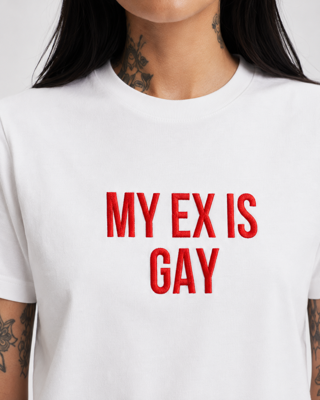MY EX IS GAY – besticktes Damen Shirt, freches Statement T-Shirt, Geschenk für Freundin, Trennungsgeschenk, Bio-Baumwolle, Weiß oder Schwarz