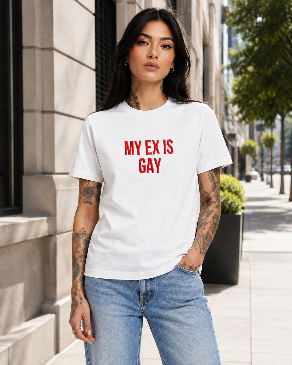 MY EX IS GAY – besticktes Damen Shirt, freches Statement T-Shirt, Geschenk für Freundin, Trennungsgeschenk, Bio-Baumwolle, Weiß oder Schwarz