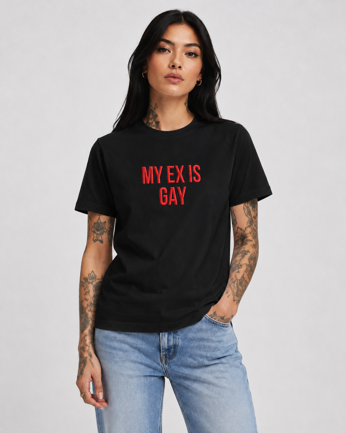 MY EX IS GAY – besticktes Damen Shirt, freches Statement T-Shirt, Geschenk für Freundin, Trennungsgeschenk, Bio-Baumwolle, Weiß oder Schwarz