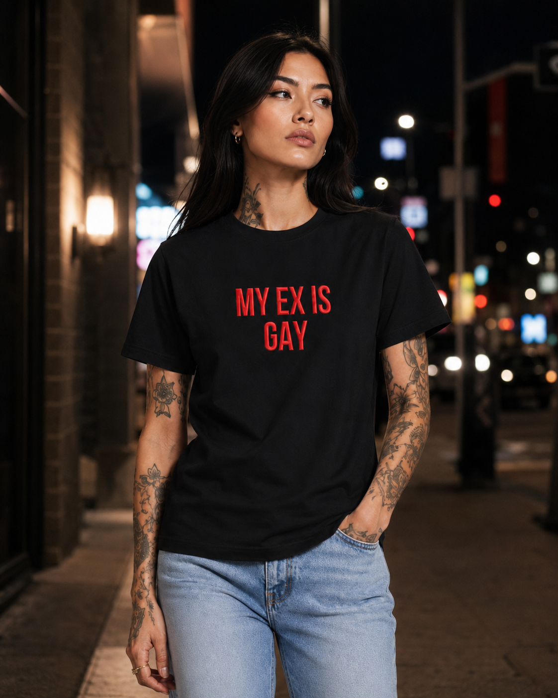 MY EX IS GAY – besticktes Damen Shirt, freches Statement T-Shirt, Geschenk für Freundin, Trennungsgeschenk, Bio-Baumwolle, Weiß oder Schwarz