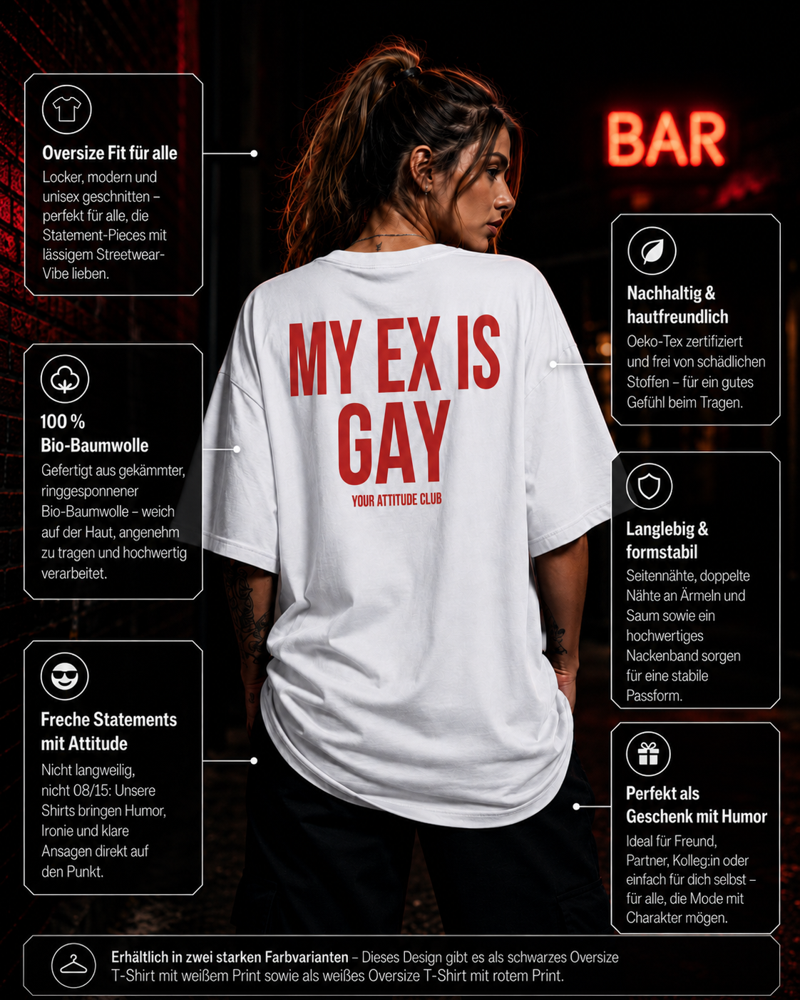 MY EX IS GAY | Oversize Shirt Unisex mit Backprint, Statement Shirt aus Bio-Baumwolle