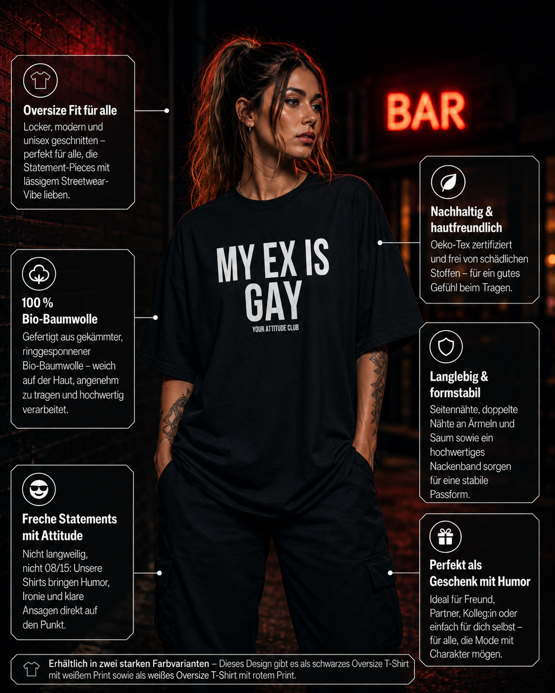 MY EX IS GAY | Oversize Shirt Unisex mit Frontprint, Statement Shirt aus Bio-Baumwolle
