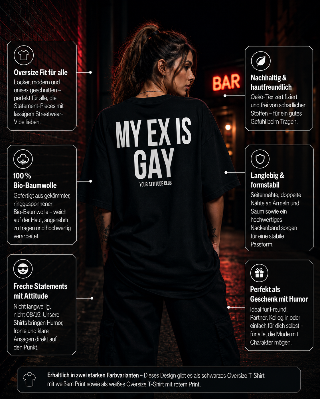 MY EX IS GAY | Oversize Shirt Unisex mit Backprint, Statement Shirt aus Bio-Baumwolle