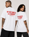 MY RAP NAME IS LIL HUNGRY – Weißes Oversize Unisex Shirt mit rotem Backprint, lustiges Statement Shirt, Foodie Shirt, Funny Tee, Geschenk