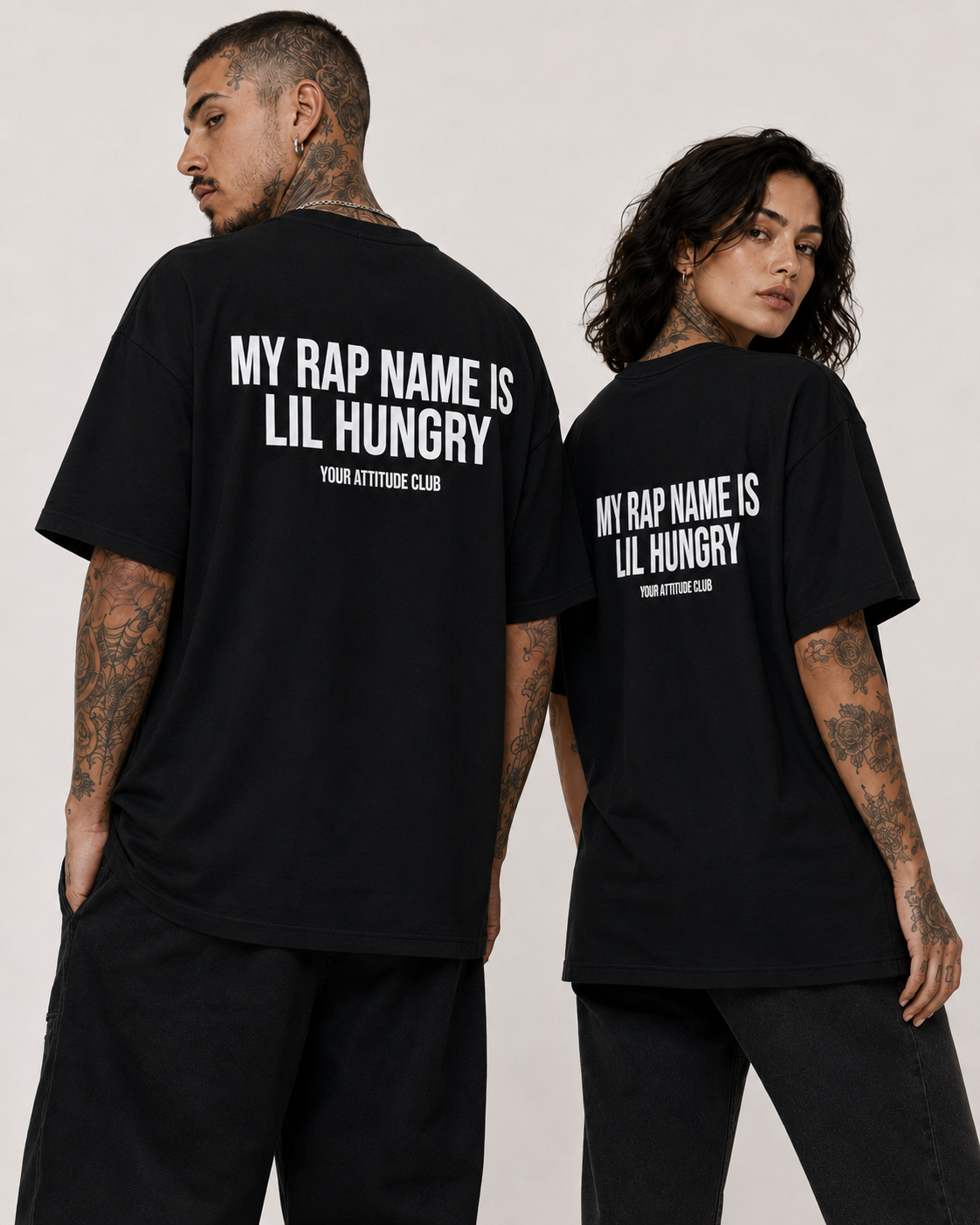 MY RAP NAME IS LIL HUNGRY – Schwarzes Oversize Unisex Shirt mit weißem Backprint, lustiges Foodie Shirt, Funny Statement Tee, Geschenk