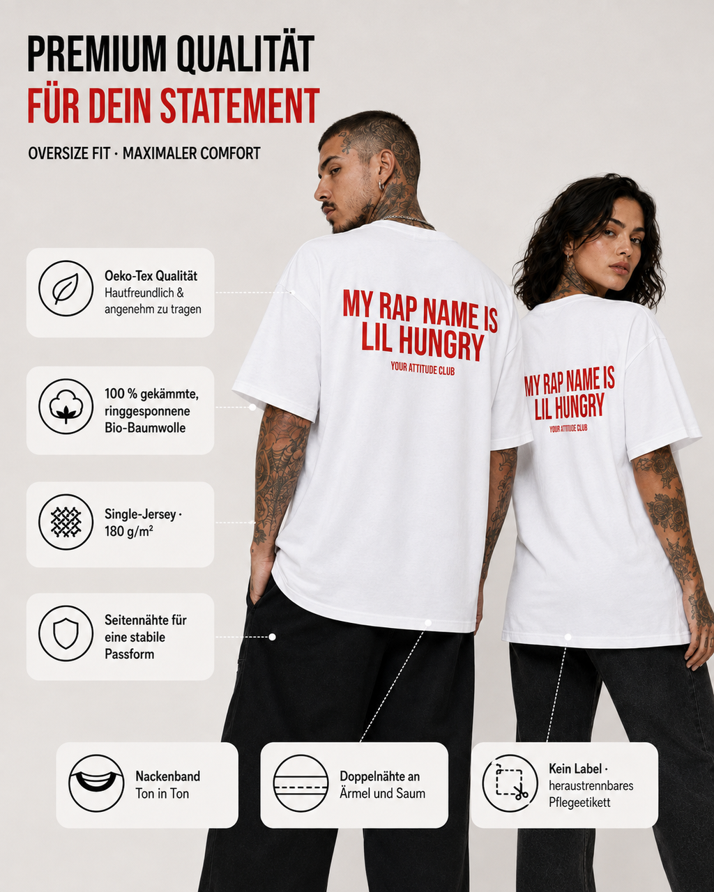 MY RAP NAME IS LIL HUNGRY – Weißes Oversize Unisex Shirt mit rotem Backprint, lustiges Statement Shirt, Foodie Shirt, Funny Tee, Geschenk