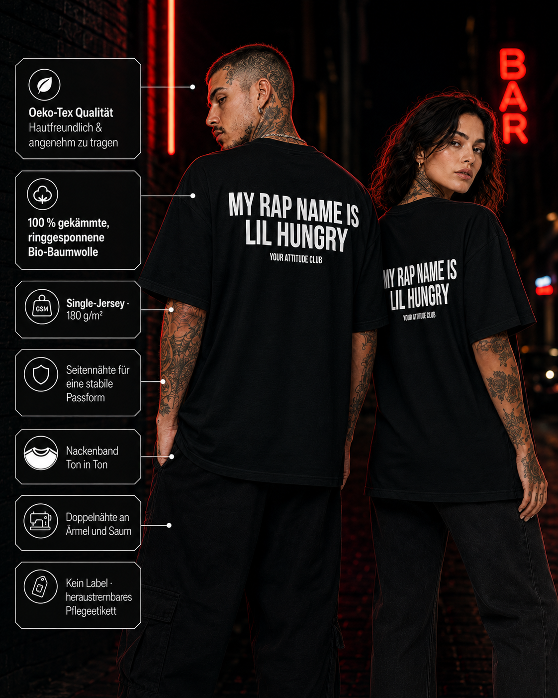 MY RAP NAME IS LIL HUNGRY – Schwarzes Oversize Unisex Shirt mit weißem Backprint, lustiges Foodie Shirt, Funny Statement Tee, Geschenk