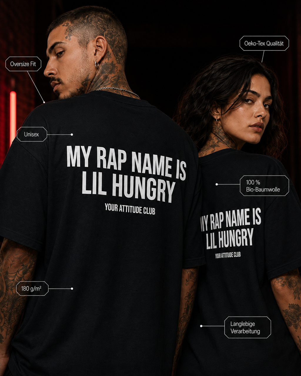 MY RAP NAME IS LIL HUNGRY – Schwarzes Oversize Unisex Shirt mit weißem Backprint, lustiges Foodie Shirt, Funny Statement Tee, Geschenk