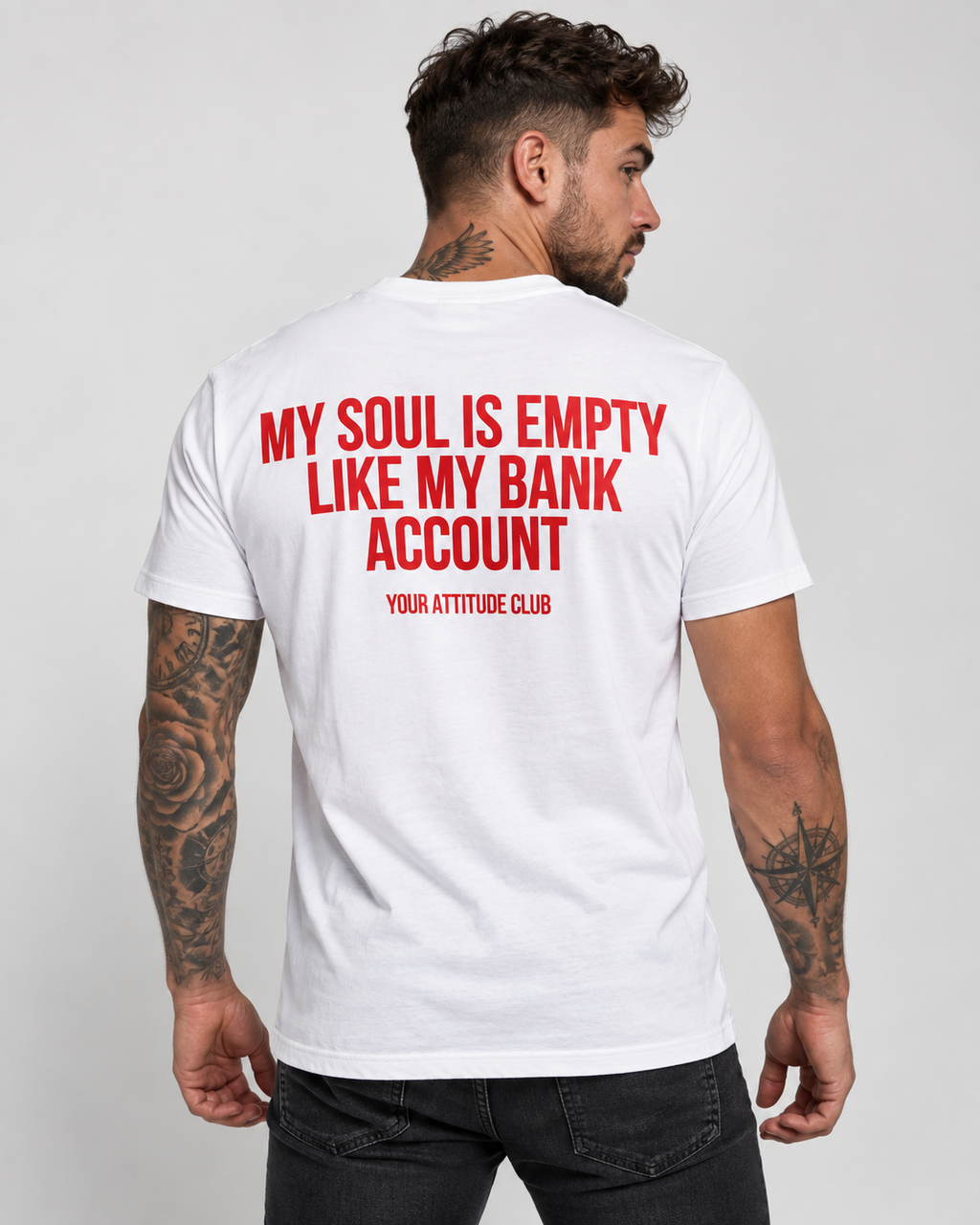 MY SOUL IS EMPTY LIKE MY BANK ACCOUNT – Unisex Statement T-Shirt Weiß mit rotem Backprint | schwarzer Humor Sprüche Shirt