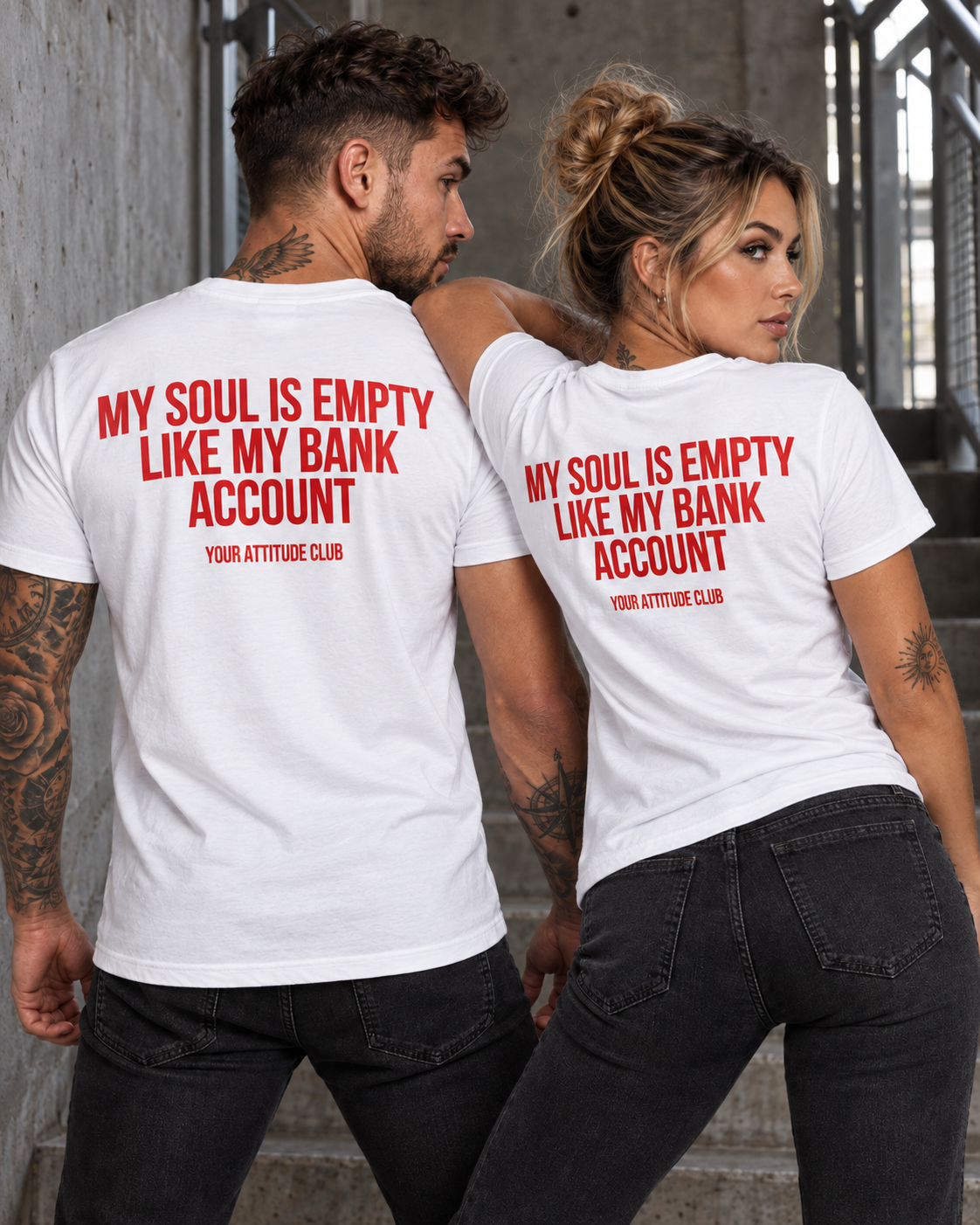 MY SOUL IS EMPTY LIKE MY BANK ACCOUNT – Unisex Statement T-Shirt Weiß mit rotem Backprint | schwarzer Humor Sprüche Shirt