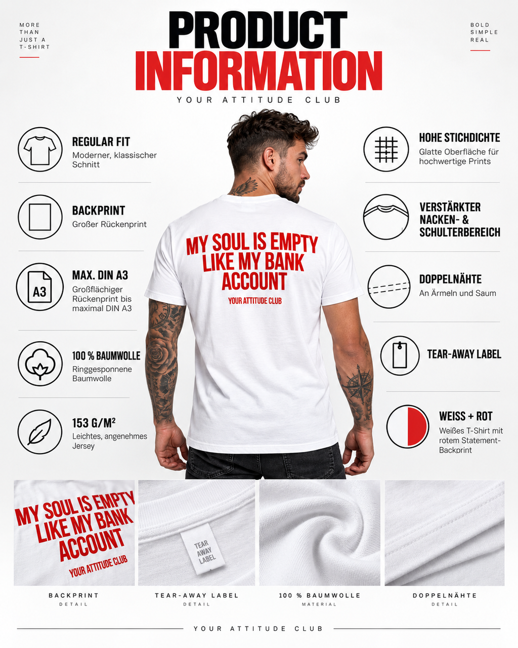 MY SOUL IS EMPTY LIKE MY BANK ACCOUNT – Unisex Statement T-Shirt Weiß mit rotem Backprint | schwarzer Humor Sprüche Shirt