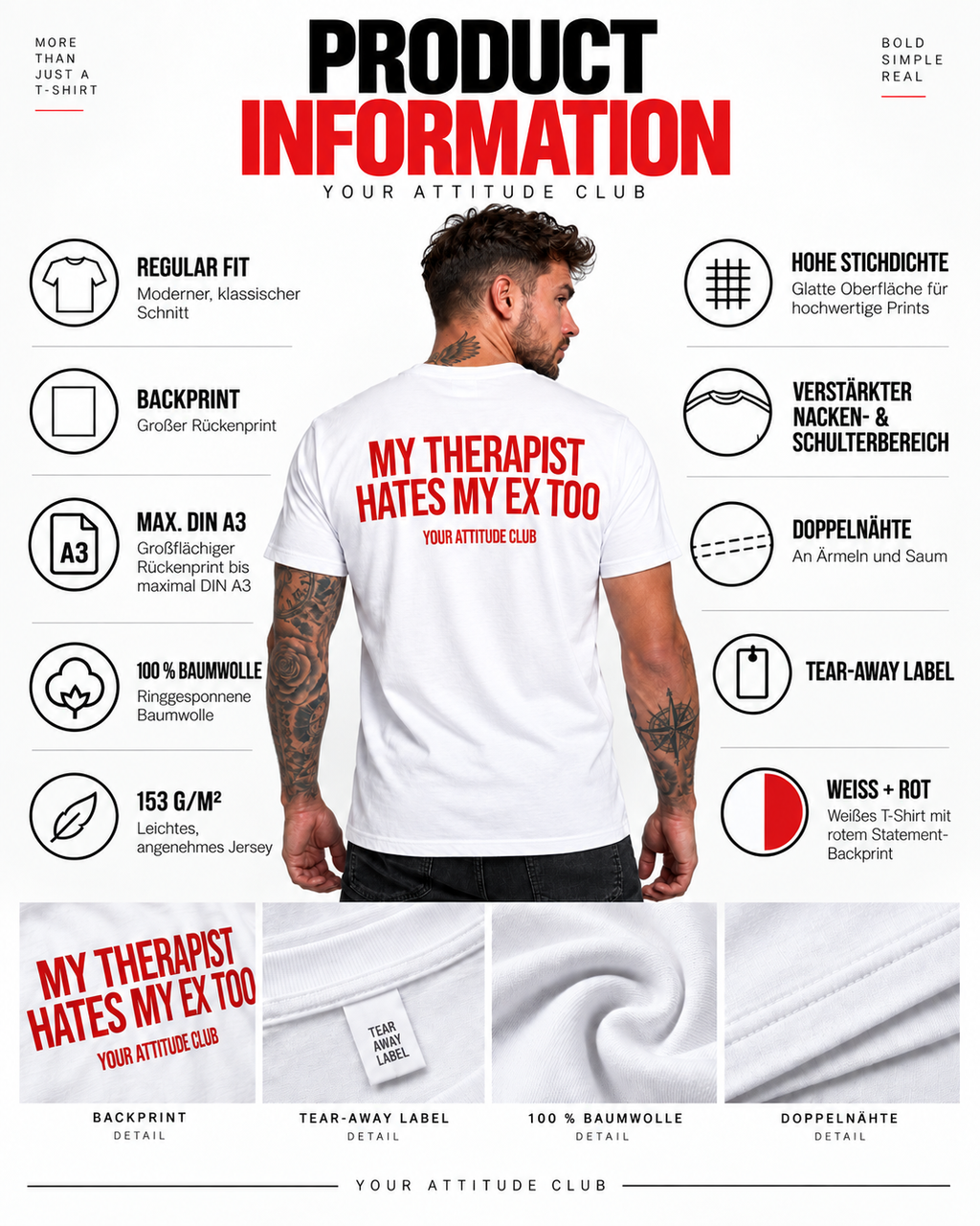 MY THERAPIST HATES MY EX TOO – Unisex Statement T-Shirt Weiß mit rotem Backprint | freches Sprüche Shirt