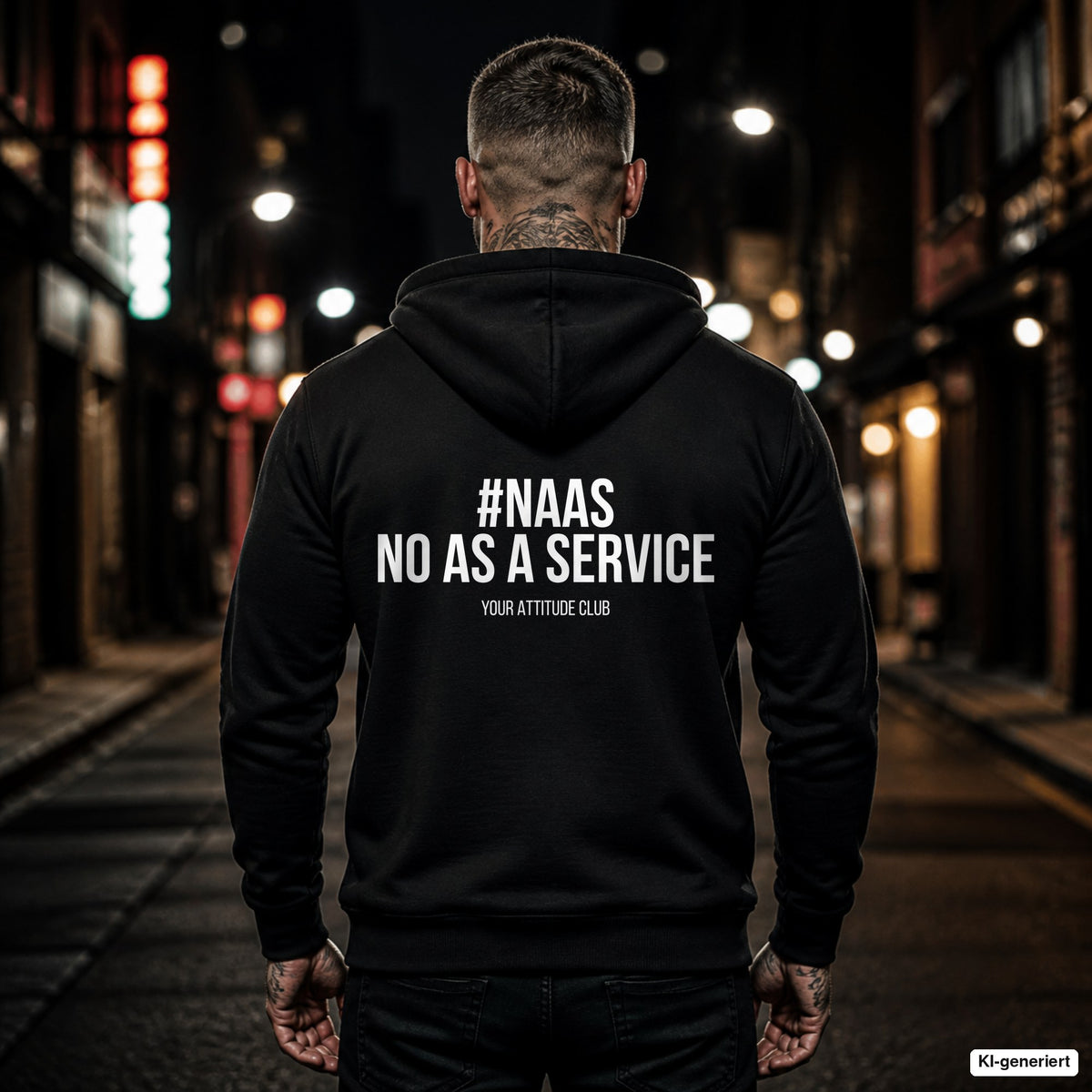 Naas – no as a service – schwarzer Hoodie mit weißem Backprint, Herren in der Stadt bei Nacht