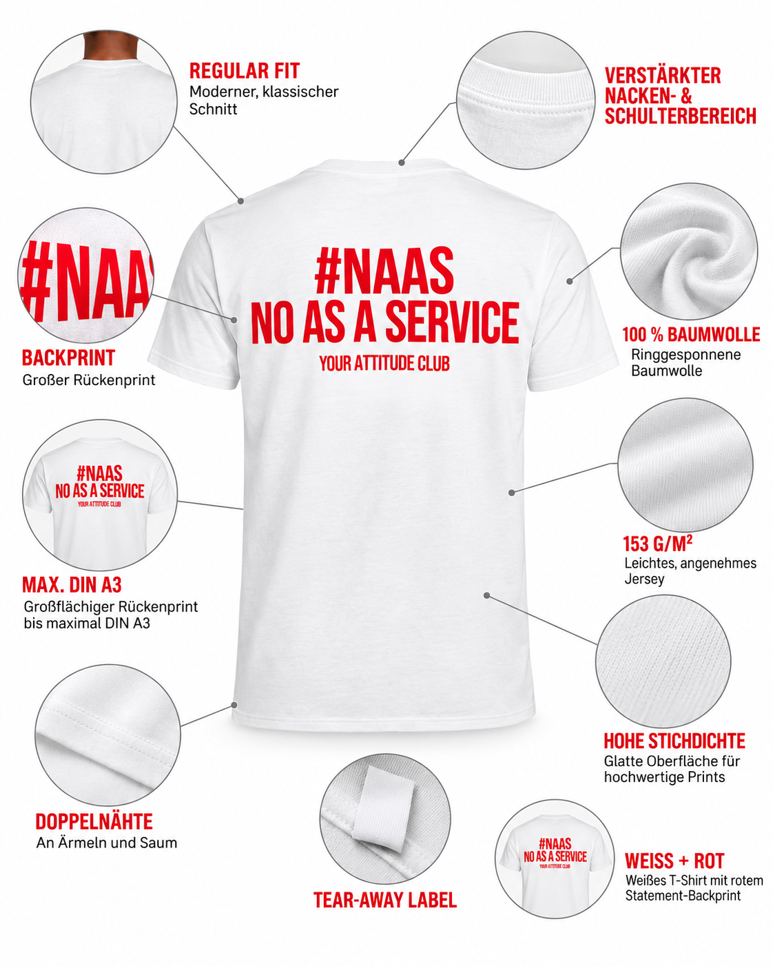 #NAAS NO AS A SERVICE – Unisex Statement T-Shirt Weiß mit rotem Backprint | IT Sprüche Shirt