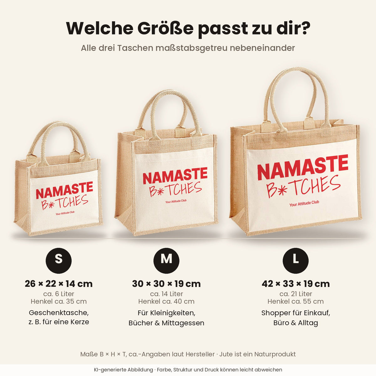 Namaste B*tches – Jutetasche mit Spruch, Größenvergleich klein, mittel, groß