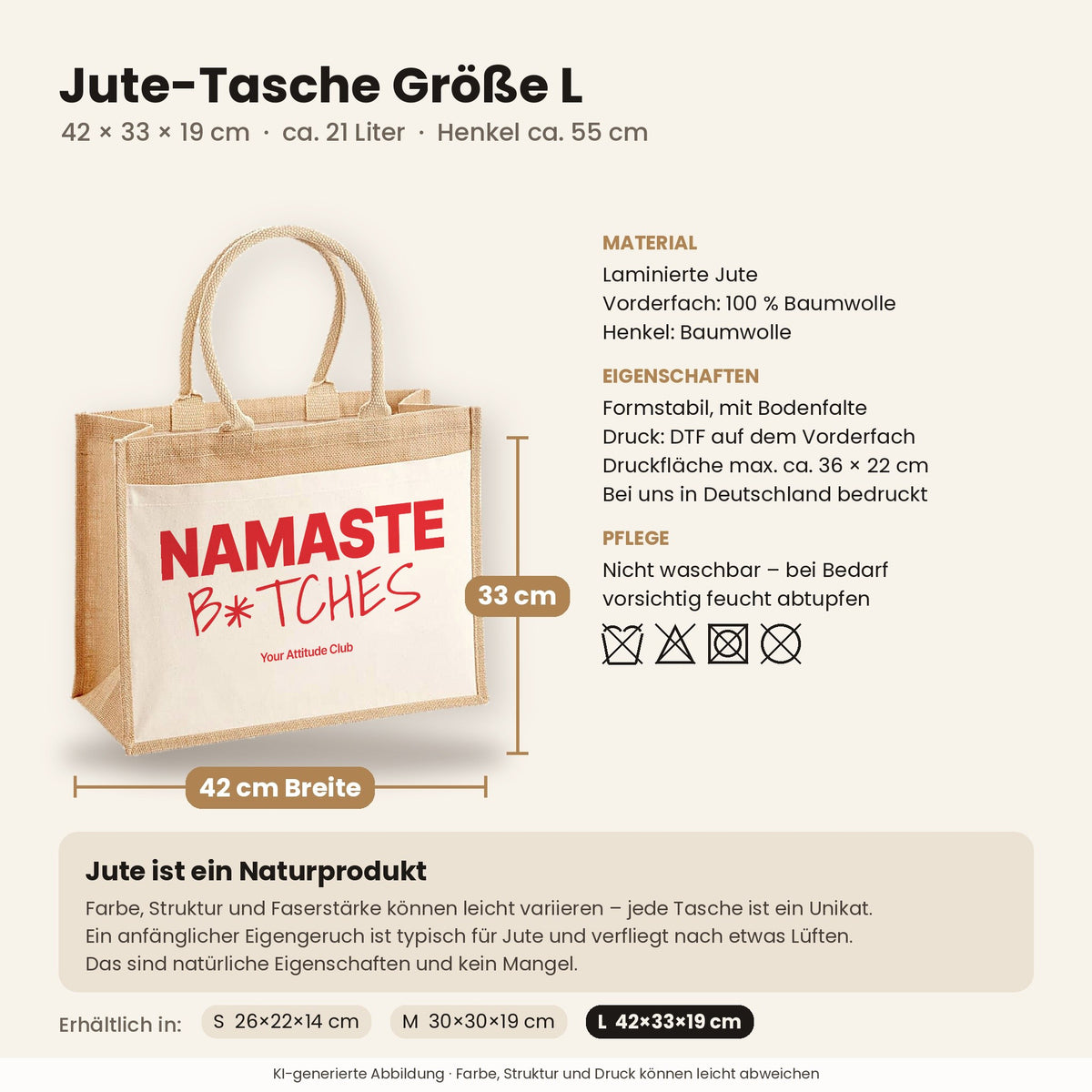 Namaste B*tches – Jutetasche mit Spruch, Maße, Material und Pflege