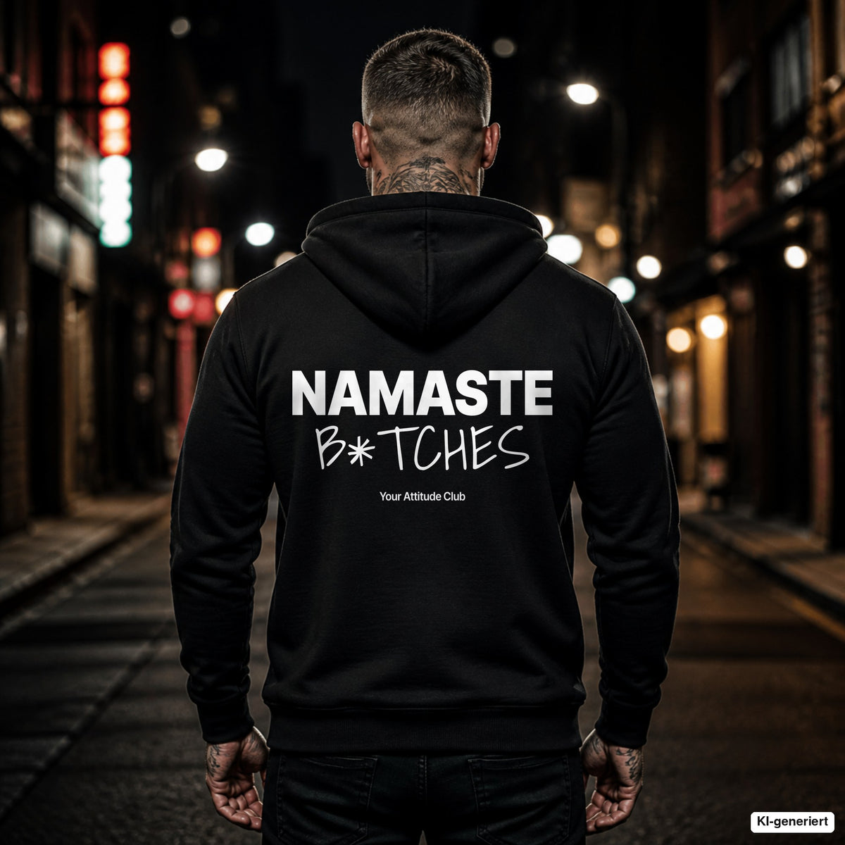 Namaste B*tches – schwarzer Hoodie mit weißem Backprint, Herren in der Stadt bei Nacht