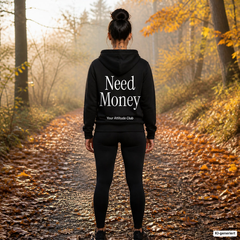 Need Money – schwarzer Hoodie mit weißem Backprint, Damen beim Joggen im Herbst