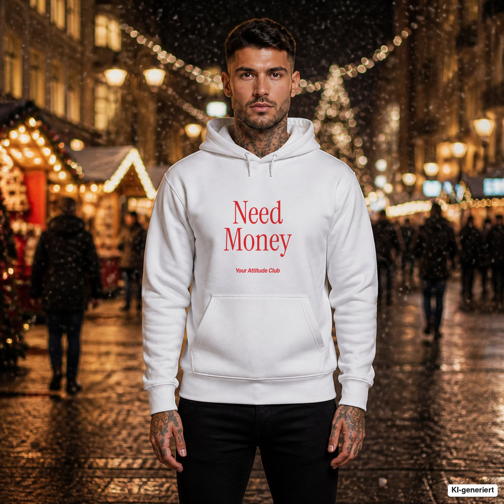 Need Money – weißer Hoodie mit rotem Frontprint, Herren auf dem Weihnachtsmarkt