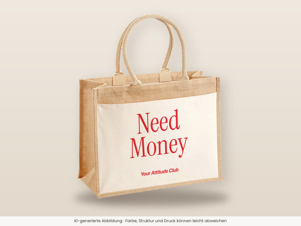 Need Money – Jutetasche mit Spruch, große Jutetasche, Detailansicht