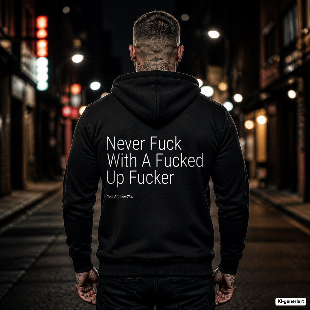 Never Fuck With A Fucked Up Fucker – schwarzer Hoodie mit weißem Backprint, Herren in der Stadt bei Nacht