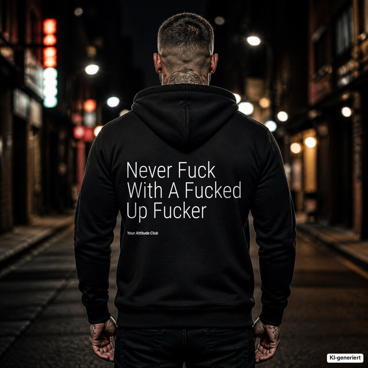 Never Fuck With A Fucked Up Fucker – schwarzer Hoodie mit weißem Backprint, Herren in der Stadt bei Nacht