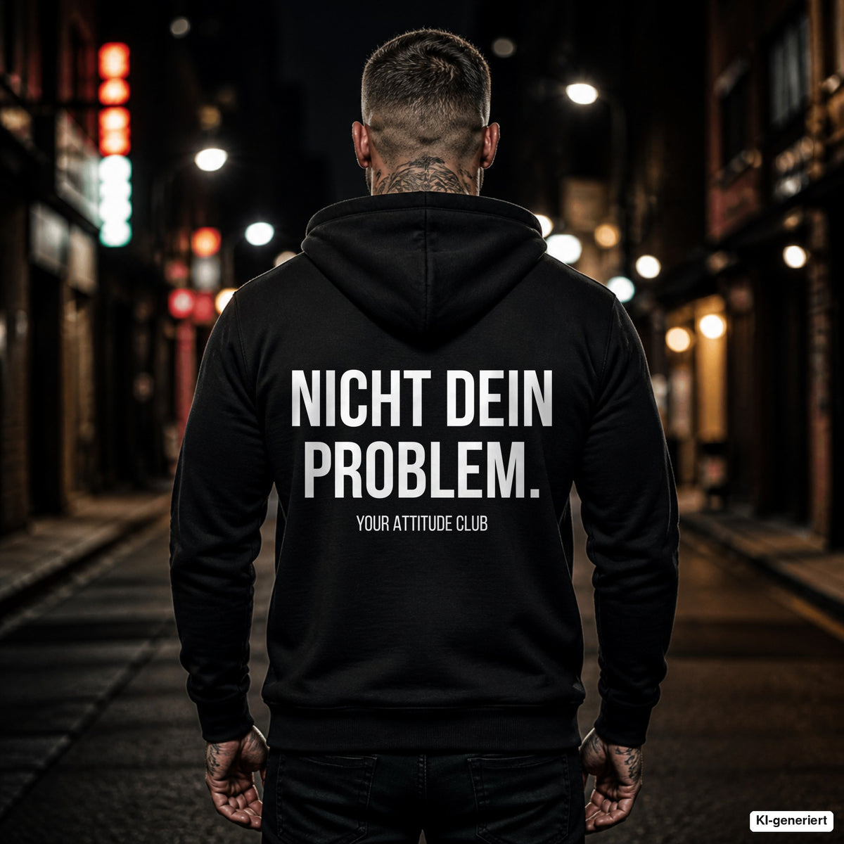 NICHT DEIN PROBLEM. – schwarzer Hoodie mit weißem Backprint, Herren in der Stadt bei Nacht