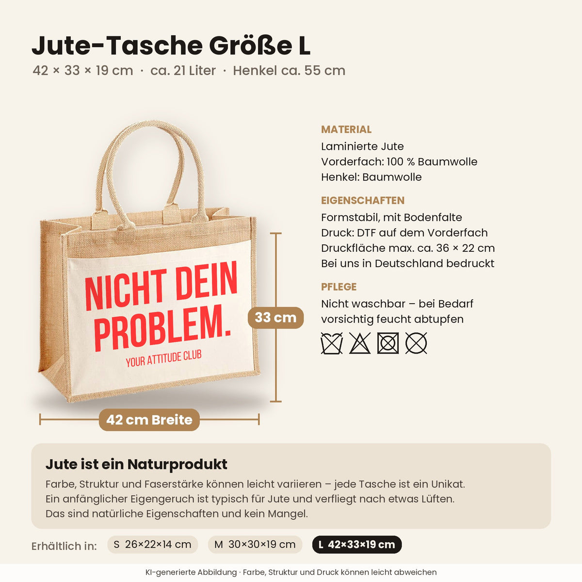 Nicht dein Problem. – Jutetasche mit Spruch, Maße, Material und Pflege