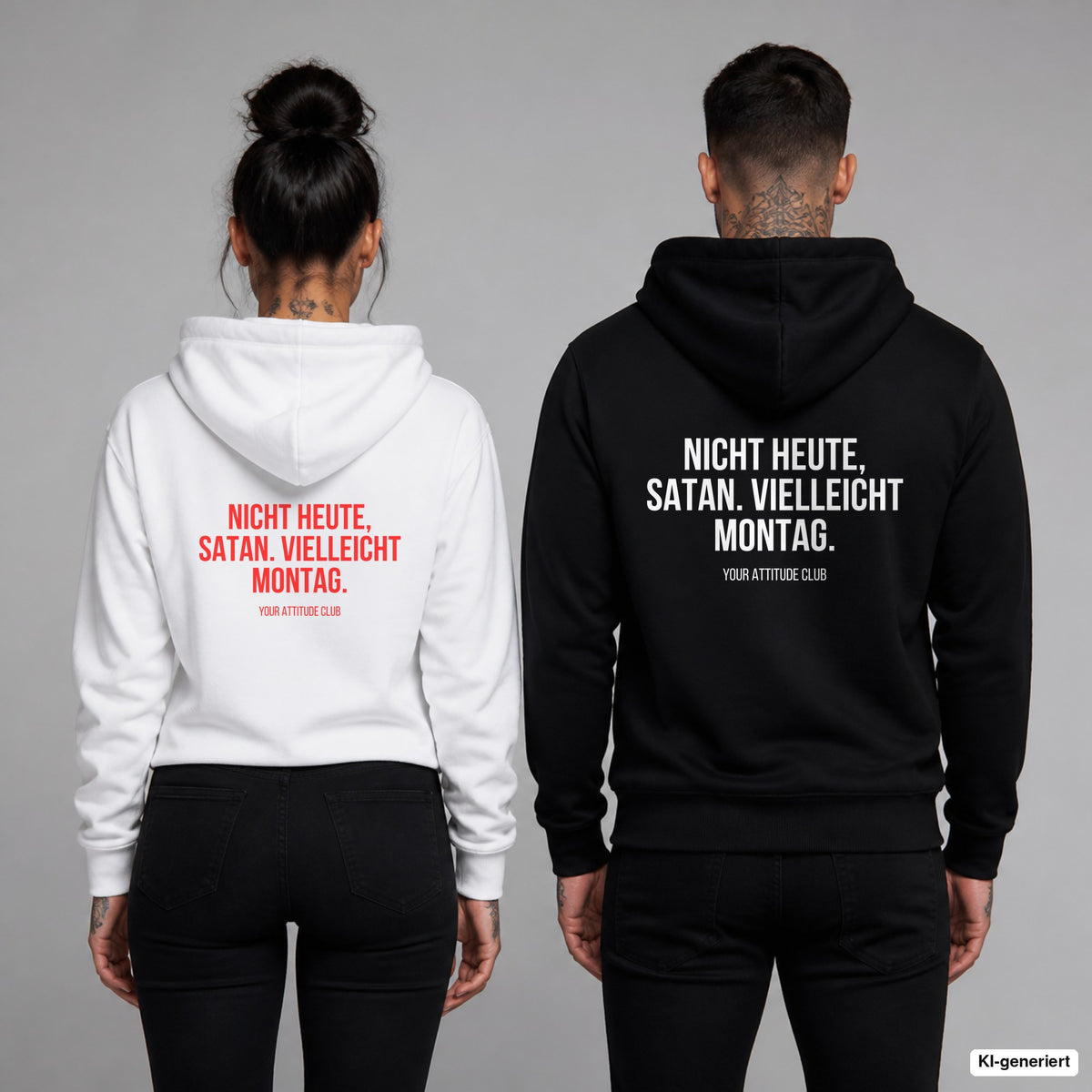 Nicht heute, Satan. Vielleicht Montag – Hoodie mit Backprint, Frau in Weiß mit rotem und Mann in Schwarz mit weißem Aufdruck