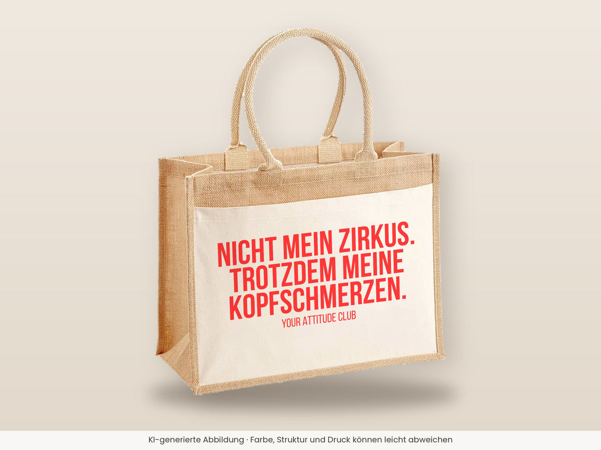 Nicht mein Zirkus. Trotzdem meine Kopfschmerzen. – Jutetasche mit Spruch, große Jutetasche, Detailansicht
