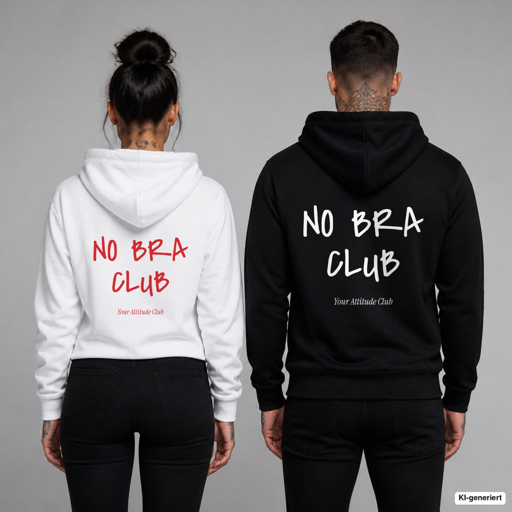 No Bra Club – Hoodie mit Backprint, Frau in Weiß mit rotem und Mann in Schwarz mit weißem Aufdruck