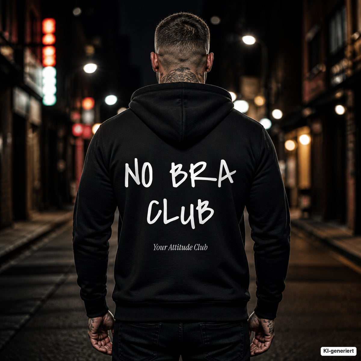 No Bra Club – schwarzer Hoodie mit weißem Backprint, Herren in der Stadt bei Nacht