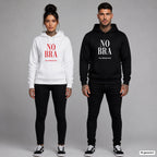 No Bra – Hoodie mit Frontprint, Frau in Weiß mit rotem und Mann in Schwarz mit weißem Aufdruck