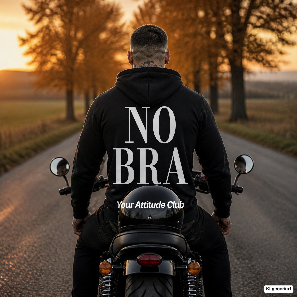 No Bra – schwarzer Hoodie mit weißem Backprint, Herren auf dem Motorrad
