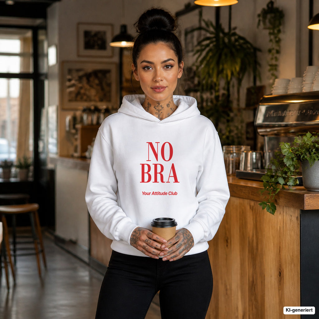 No Bra – weißer Hoodie mit rotem Frontprint, Damen im Café