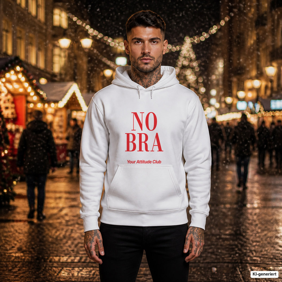 No Bra – weißer Hoodie mit rotem Frontprint, Herren auf dem Weihnachtsmarkt