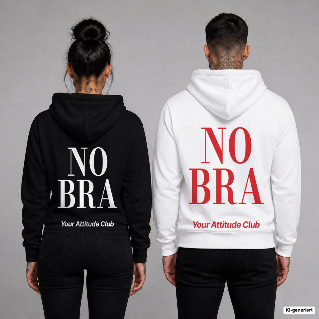 No Bra – Hoodie mit Backprint, Frau in Schwarz und Mann in Weiß